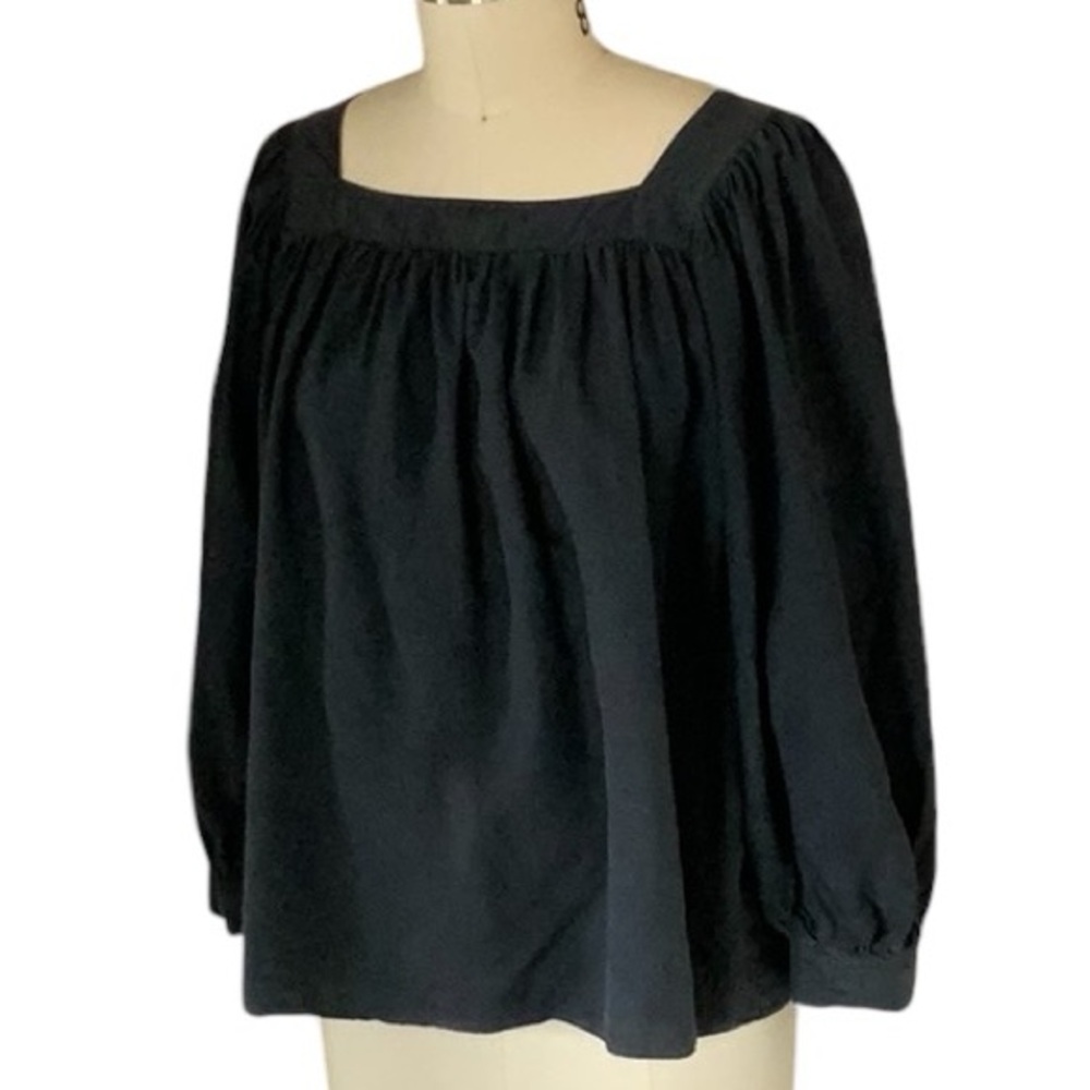 DKNY indigo silk square neck gathered top and 3/4 balloon sleeves, Sz M